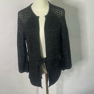 Tahari open knit tie front cardigan womens Size L 3/4 sleeve gold thread holiday